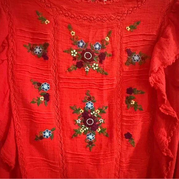 Free People Amy Red Floral Embroidered Cottagecore Top - Picture 4 of 11